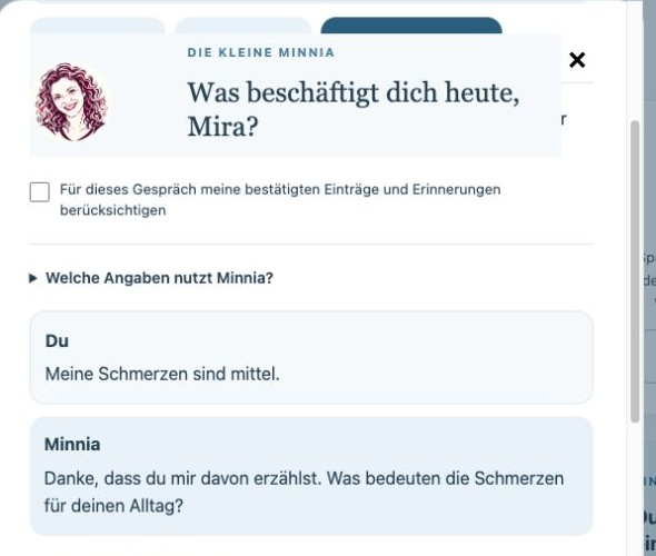 Beispielgespräch mit der Angabe Schmerzen mittel und einer Rückfrage von Minnia