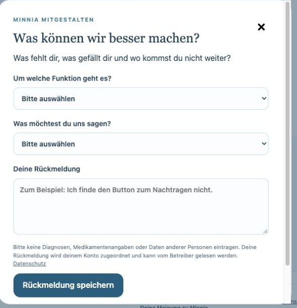 Feedbackformular mit Funktion, Rückmeldungsart und Freitext