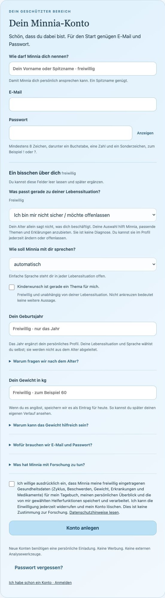 Registrierungsformular: Name, E-Mail, Passwort und freiwillige Profilangaben