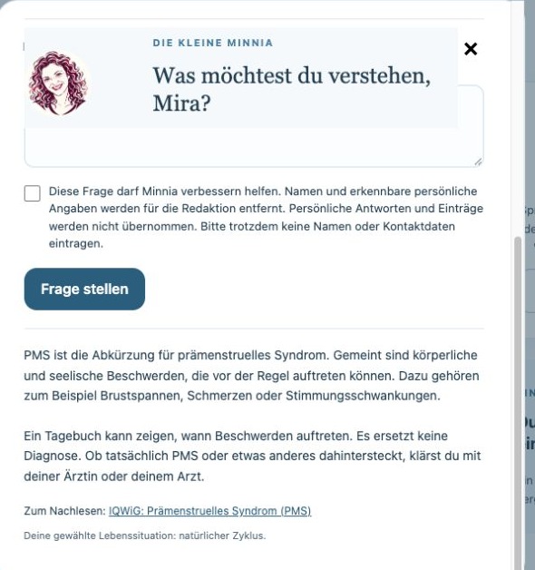 Die kleine Minnia mit ihrem Logo erklärt im Beispiel PMS in verständlicher Sprache und verlinkt die zugehörige IQWiG-Quelle.